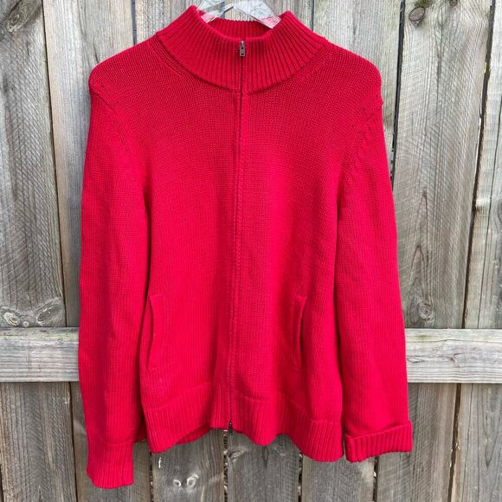 Orvis Cotton Full Zip Cardigan Mock Neck Knitted Christmas Sweater Red Size XL